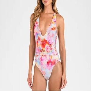 L'AGENCE soft cloud floral Lisa plunge one piece swimsuit